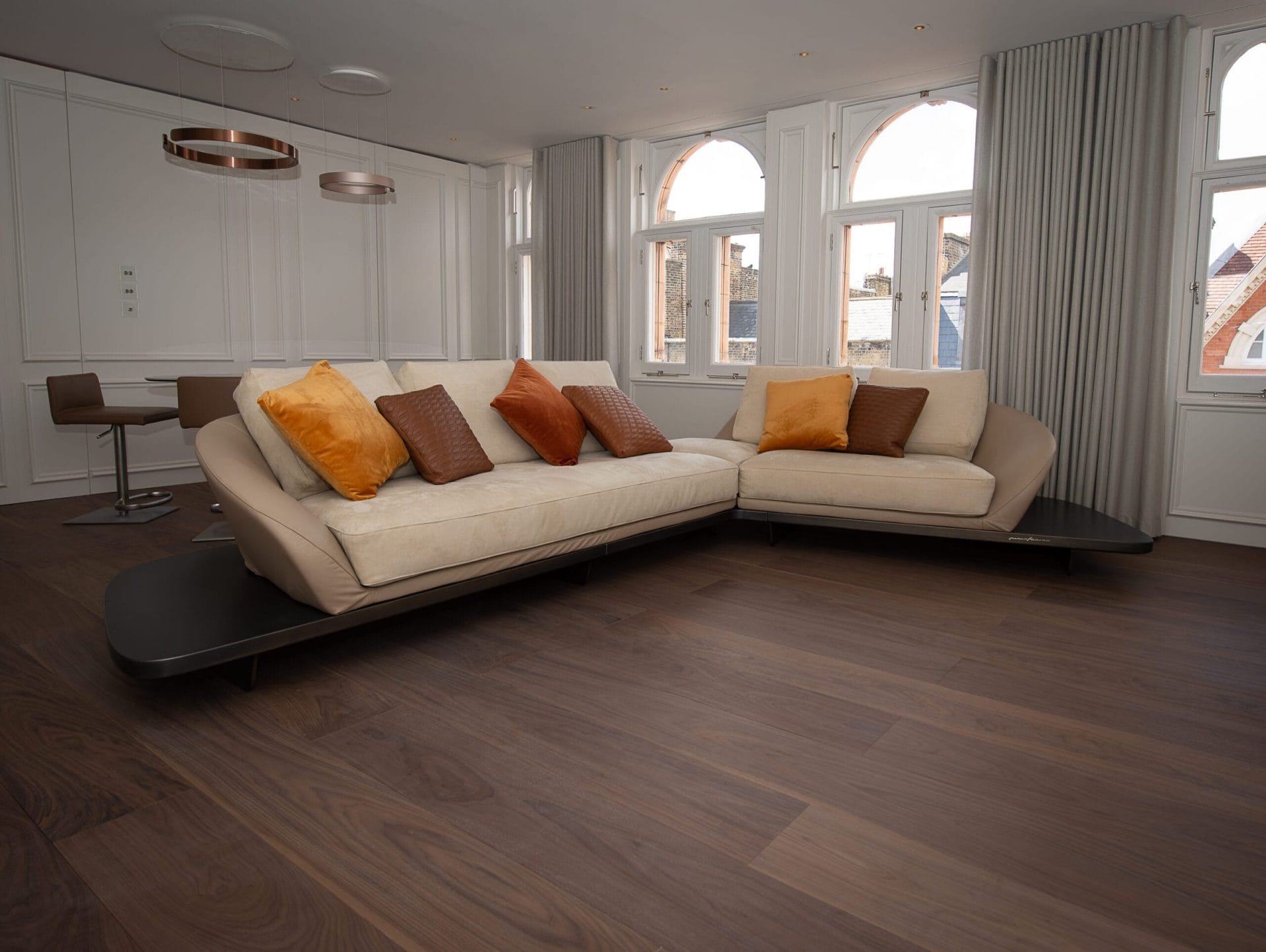 American Walnut flooring with modern sofa