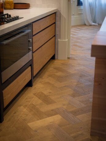 Oak Basketweave Brushed Oiled Wood Flooring beside Kitchen Counter