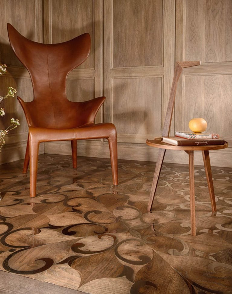 Marquetry Brass Panel and Aged Oak Parquet Wood Flooring