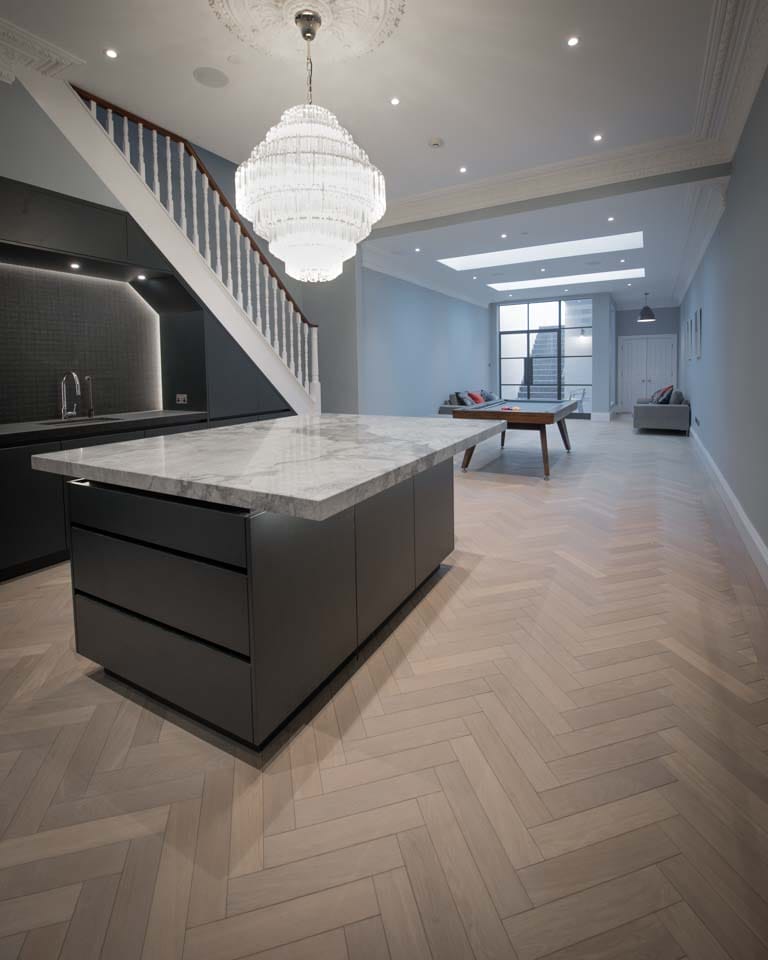 Oak Herringbone flooring in kitchen