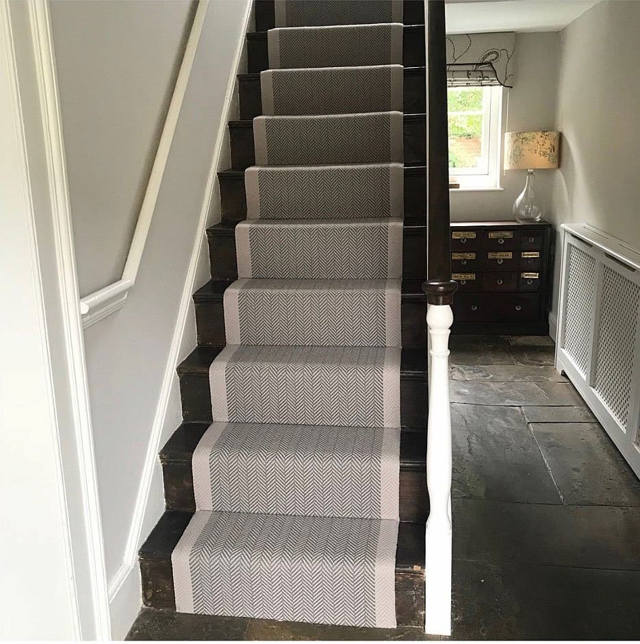 Herringbone Border Nickel & Lt. Grey Pure New Wool Flatweave Stair runners