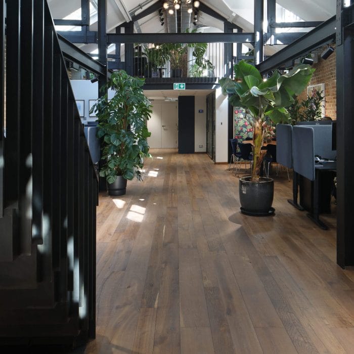 Reclaimed Smoked Oak Flooring in modern workspace