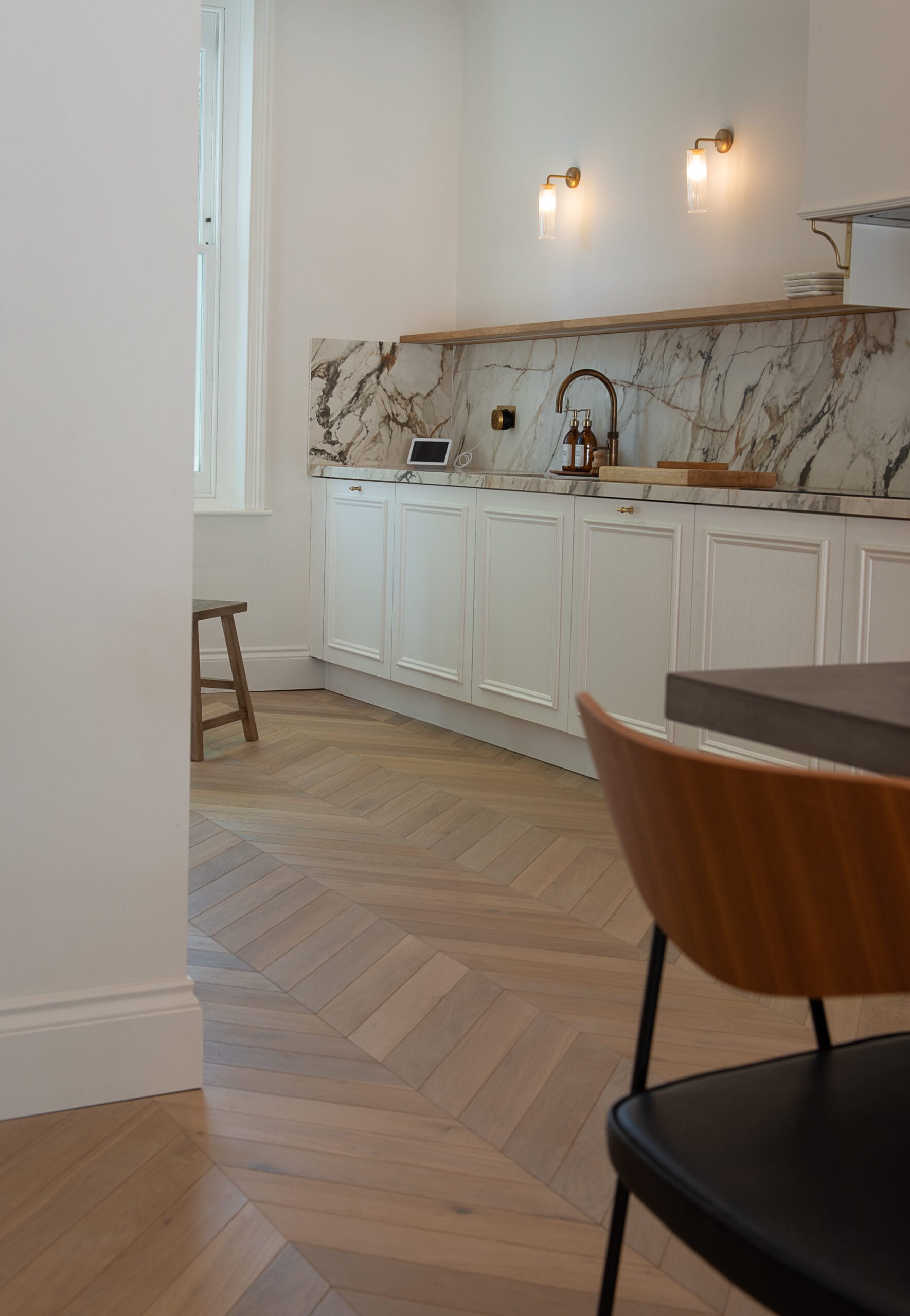light grey brown oiled oak chevron in kitchen