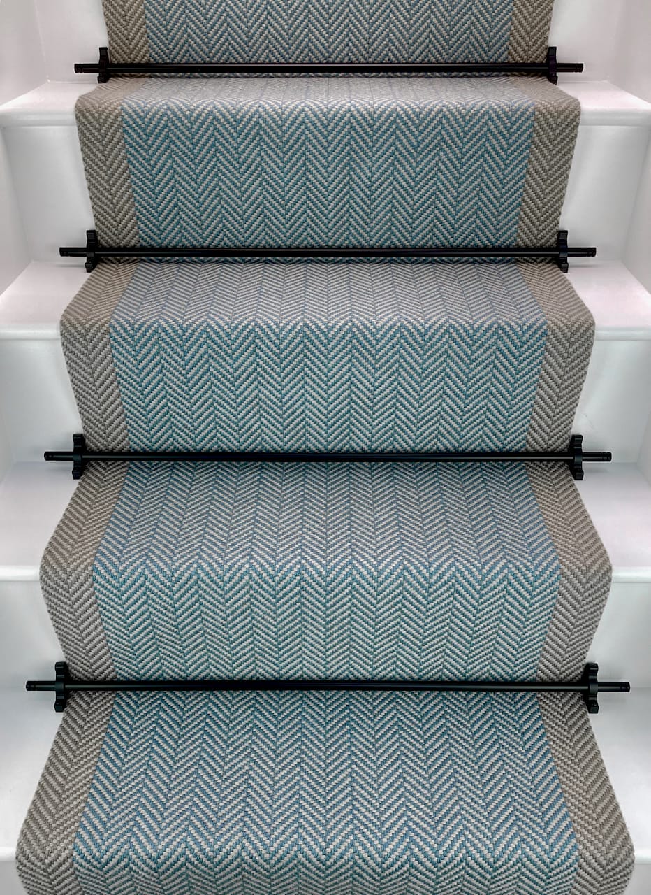 Blue Herringbone Flatweave Stair Runner with border