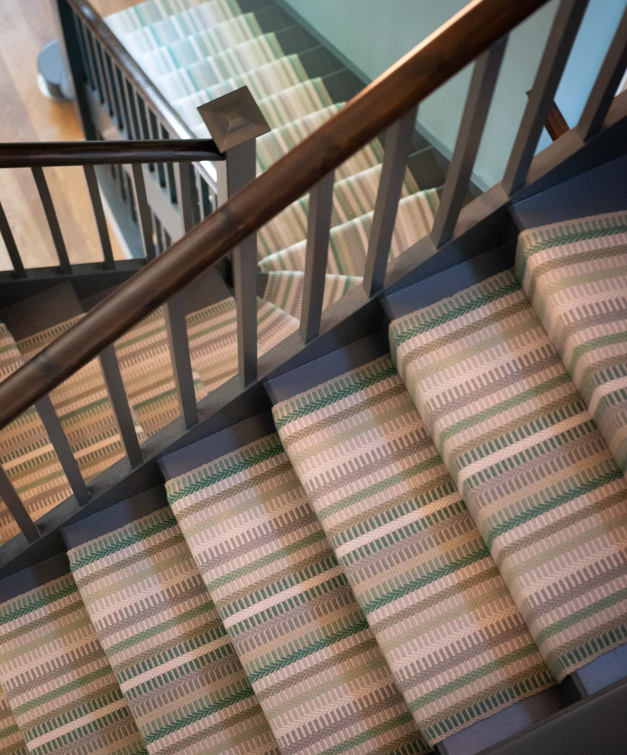 Cranborne Lichen Cranbourne Wool Flatweave stair runner on English staircase
