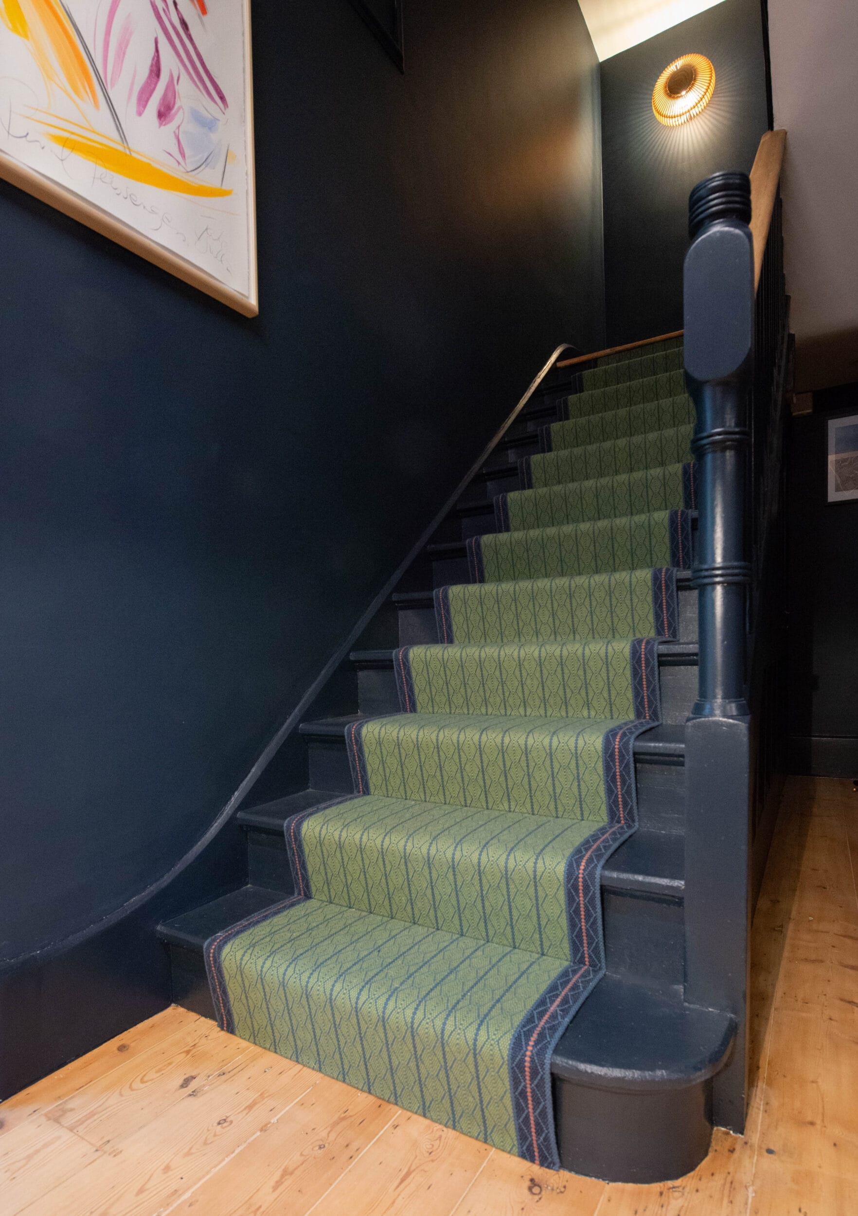 Elmira 1 green and blue runner on dark blue painted victorian stairs and pine floorboards