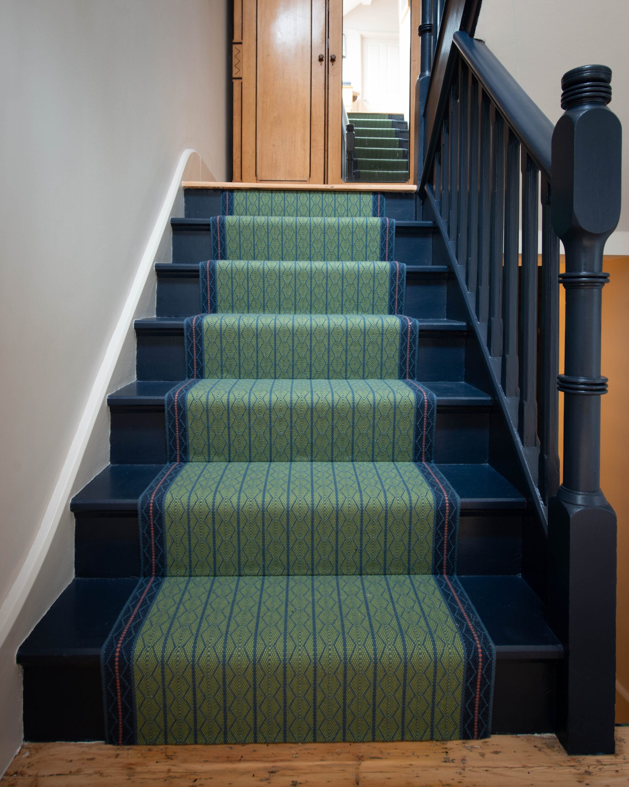 Elmira 1 green and blue runner on dark blue painted victorian stairs