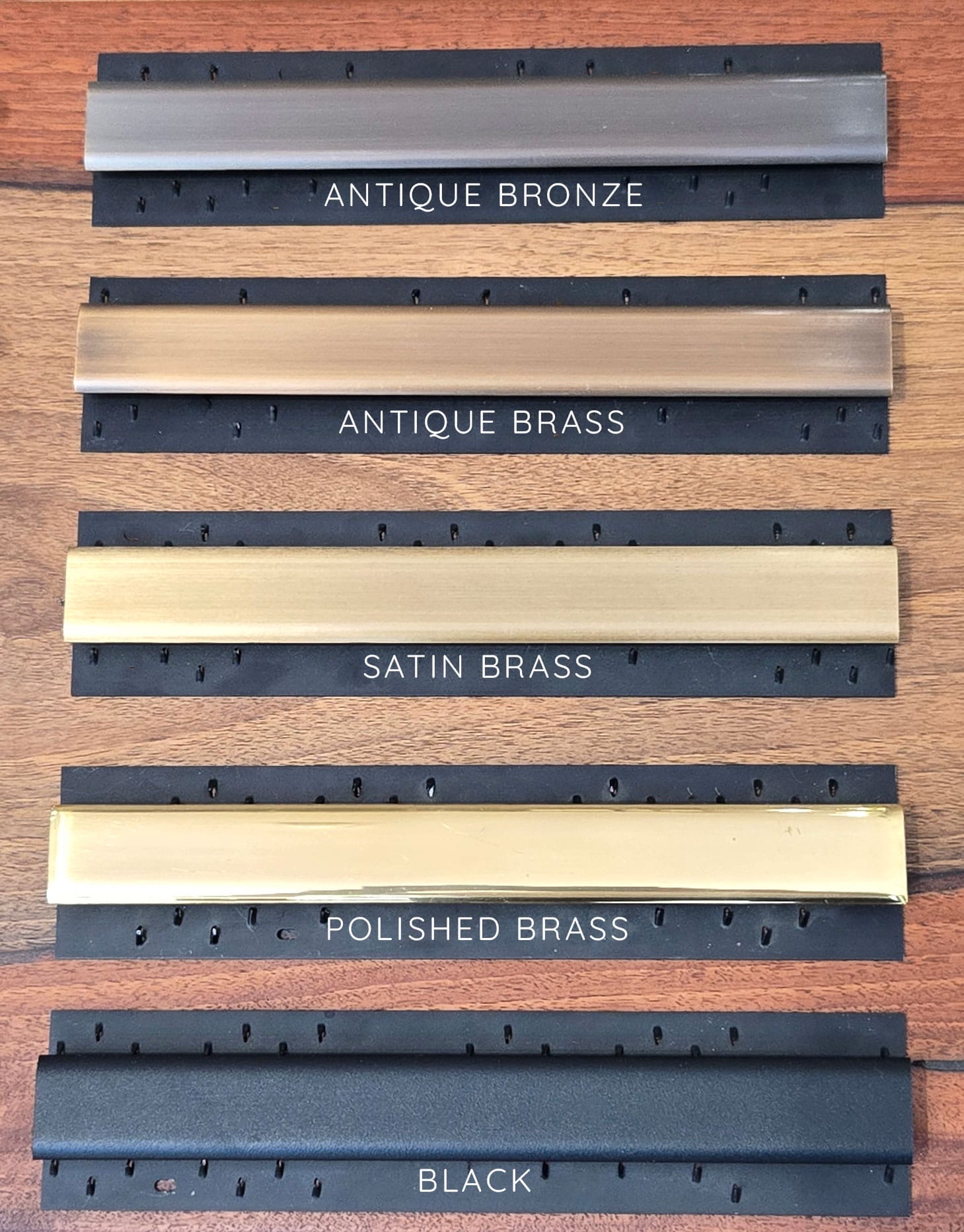 Selection of Brass Door bar profiles in different finishes including Antique Brass and Antique Bronze
